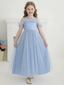 Elegant light blue off-shoulder princess dress for girls with sequined embroidery and tulle layers