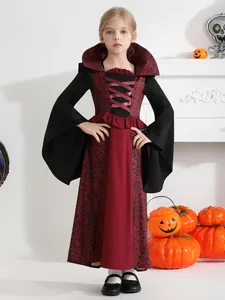 Costume De Vampire Pour Filles Halloween Médiéval Sorcière Reine Gothique Col Montant Manche Cloche Robe De Fête Cosplay