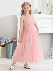 Vestido de princesa rosa con un hombro para niñas y cinturón de perlas para fiestas