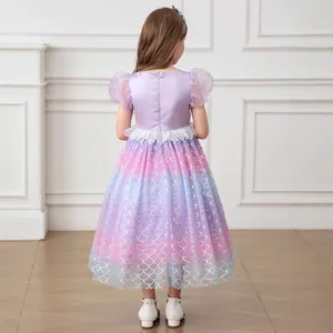 Back view of a girl's mermaid princess dress with purple puff sleeves and fish scale patterns