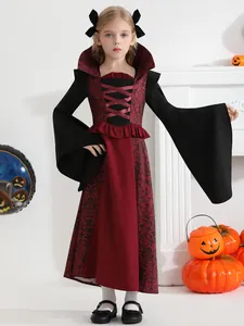 Déguisement de vampire pour filles avec manches longues et détails en velours bordeaux