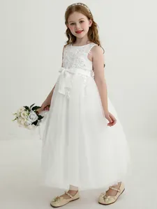 Elegant sleeveless white lace flower girl dress with layered tulle skirt and bow