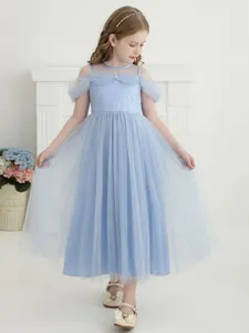 Sky blue Elsa princess dress with layered tulle and sequin embroidery for girls
