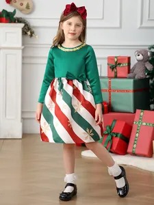 Girls Christmas Dress Satin Long Sleeve Striped Snowflake Print Party Gown With Bow Headband For Children Toddlers Gown