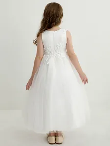 White sleeveless flower girl dress with lace embroidery and layered tulle skirt back view