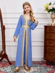 Light blue girls long sleeve dress with gold embroidery and lace in Middle Eastern style
