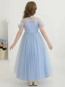 Girl's blue sleeveless mesh princess dress with ruffled shoulders and layered tulle skirt