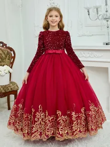 Girls Sequin Mesh Princess Dress Long Sleeve Embroidery Bow Formal Evening Gown For Wedding Birthday Party Dress