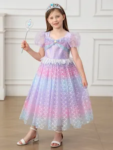 Girls Mermaid Princess Dress Sequins Puff Sleeve Gradient Mesh Tulle Gown For Halloween Cosplay Birthday Party Performance Performance Outfit Kids