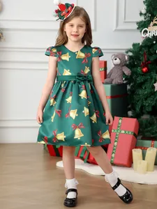 Girls Christmas Satin Dress With Bell Bow Print Dark Green Short Sleeve Princess Party Gown With Headband