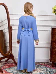 Elegant light blue long girl's Abaya dress with gold lace embroidery and back bow