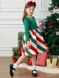 Girl's long-sleeve Christmas dress with candy-striped skirt and festive snowflake patterns