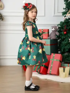 Green Christmas dress for girls with festive gold bell prints and a red bow sash