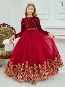 Deep red sequin lace princess dress for girls with gold floral embroidery on tulle hem