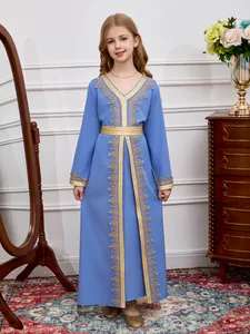 Blue girls' Arabic kaftan dress with gold lace embroidery and waist belt detail