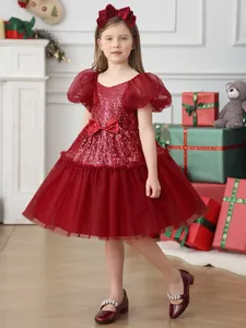 Girls Sequin Lace Puff Sleeve Princess Dress Flower Girl Wedding Tutu Tulle Gown Christmas Party Dress Wine Red