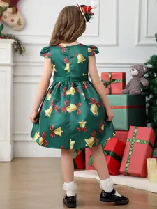 Green satin Christmas dress for girls with gold bell prints and back zipper design