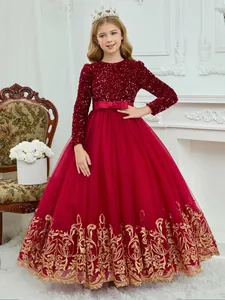 Girl's burgundy lace sequin princess gown with gold embroidery for Christmas parties