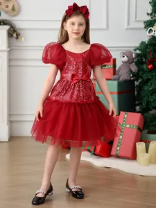 Girl's red sequin princess dress with puff sleeves and lace for Christmas parties