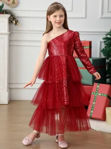 Robe de Princesse en Dentelle à Paillettes et Maille pour Filles Une Épaule Asymétrique Rouge Robe de Bal pour Enfants Fête Noël Anniversaire Avec Bandeau