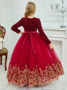 Elegant girls red sequin lace princess gown with long sleeves and layered tulle skirt
