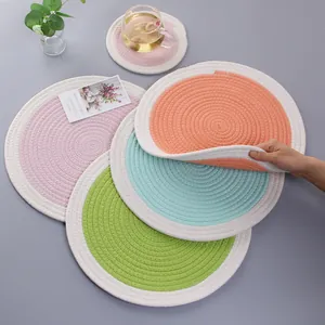 Nordic Round Woven Cotton Rope Placemats And Coasters Heat Resistant Non-slip Macaron Color Table Mats For Kitchen Dining Room Home Decor