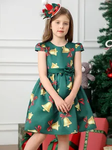 Girls' dark green Christmas dress with golden bell prints and festive bow headband