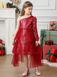 Robe de princesse à paillettes rouge une épaule en tulle pour noël fête d'enfants