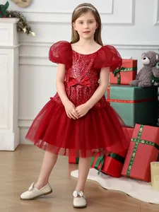 Girl's red sequin princess dress with puff sleeves and lace tutu for Christmas parties