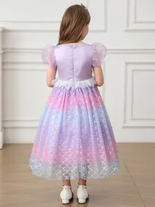 Girl's mermaid princess dress with purple satin top and blue gradient scale skirt