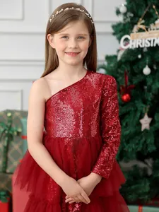 Robe de princesse rouge à paillettes à une épaule pour filles avec bandeau de Noël