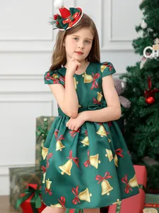 Girls dark green Christmas dress set with gold bell prints and matching mini santa hat