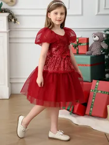 Girls red sequin lace princess dress with puff sleeves for Christmas party wedding