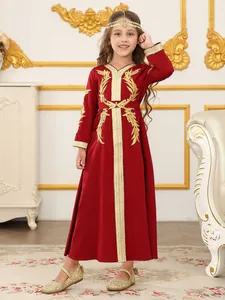 Vestido Kaftan Abaya Niñas Granate Poliéster Satén Bordado de Hojas de Oro Niños Étnico Medio Oriente Formal Vacaciones Maxi Túnica