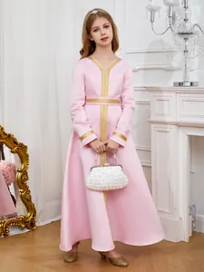 Girls Pink Satin Kaftan Dress Gold Embroidery Long Sleeve Gown For Middle East Ethnic Party Festival Kids Apparel
