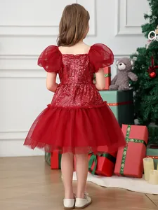 Sparkly red sequins girls princess dress with puffed sleeves and layered mesh tulle