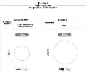 Size chart showing 18cm and 36cm handmade round ramie woven placemat dimensions