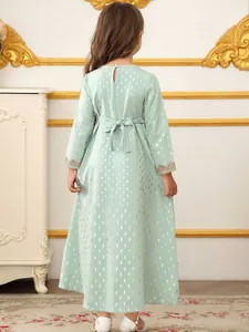 Elegantes mintgrünes Langarm-Mädchen-Dubai-Kleid mit Goldfolienprint und Rückenschleife