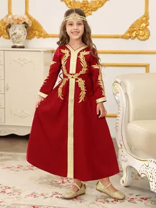 Vestido Kaftán rojo para niña con elegante bordado dorado para celebraciones festivas