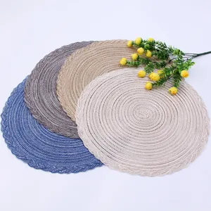 Nordic woven round placemats in blue, grey and beige for heat resistant table protection