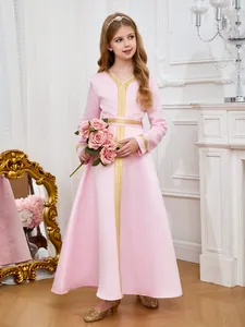 Girl's pink Arabic satin dress with gold embroidery details for Middle East fashion