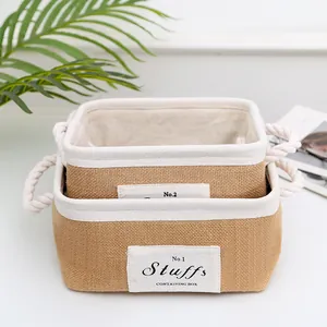 Japanese Minimalist Jute Storage Basket Foldable Desktop Organizer With Cotton Rope Handles And Fabric Lining For Home Office