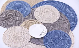 Detail of round woven heat-resistant table mats showing multi-color braided texture