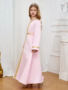 Pink Arab kaftan dress for girls with gold lace trim, traditional Middle East festive style