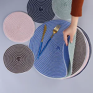 Detailed view of woven round heat resistant placemats with soft and thick texture