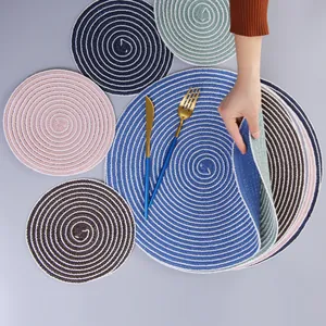 Close-up of spiral woven round cotton heat-resistant placemat and matching coaster set