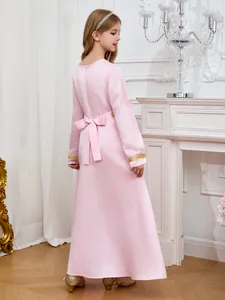 Pink Arabian floor-length girls' dress with golden sequins and back bow decoration