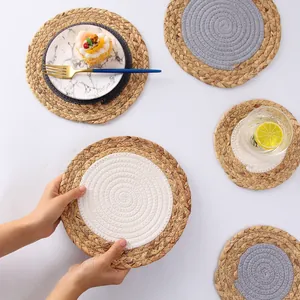 Sets de Table Tressés Ronds Résistants à la Chaleur en Jacinthe d'Eau et Corde de Coton Épissés pour Table de Cuisine Rustique Boho