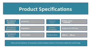Detailed specifications for PP placemats showing 18cm and 38cm size options and material