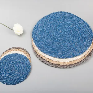 Round braided ramie cotton placemats in blue, beige and brown Nordic home style